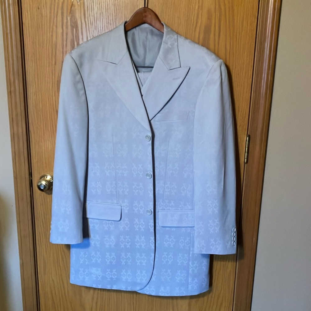 Vintage Gray SUIT Long Coat Gangster Style Vest Pants Pleated Cuffed Pattern